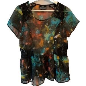 Angie blouse small galaxy print lace peplum top space outer sheer short sleeve